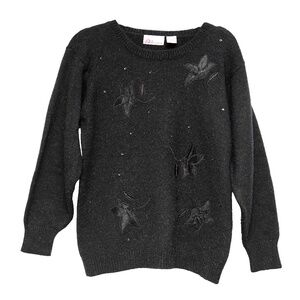 Vintage 80s JBJ Sportswear Black Sweater with embroidered Flowers & Sequins Sz S